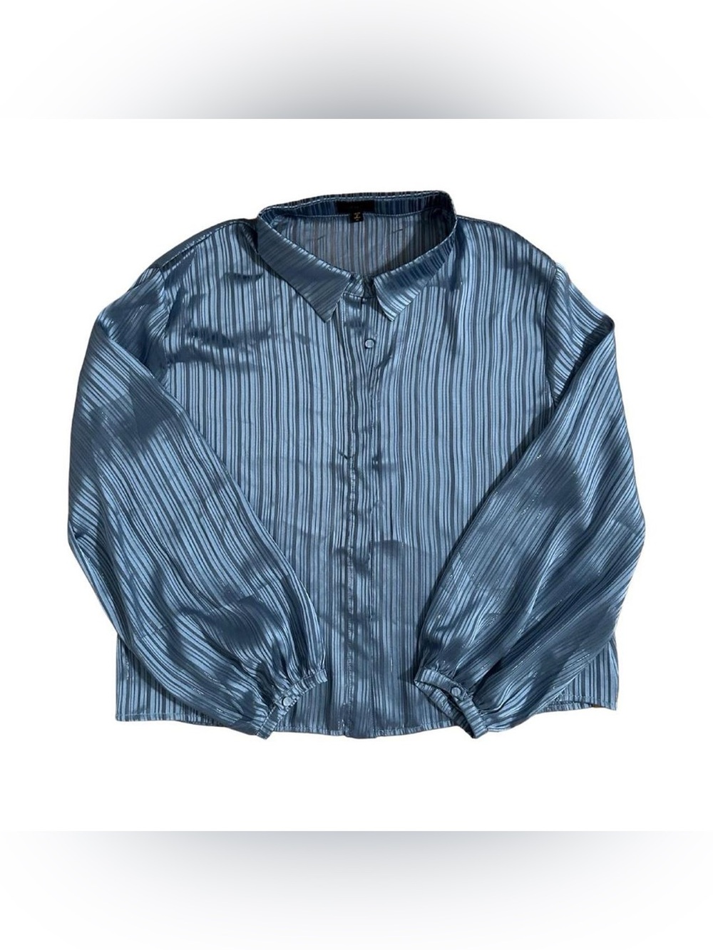 Metallic sparkly blue gray striped button down bubble sleeve blouse- Size XL